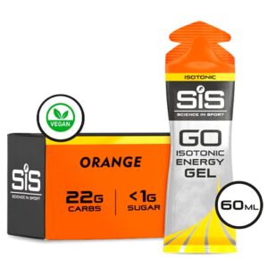 Vista frontal del gel isotónico SIS Energy sabor naranja para ciclistas y deportistas