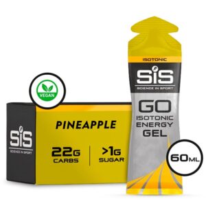 Vista frontal del gel isotónico SIS GO Energy sabor piña para nutrición deportiva