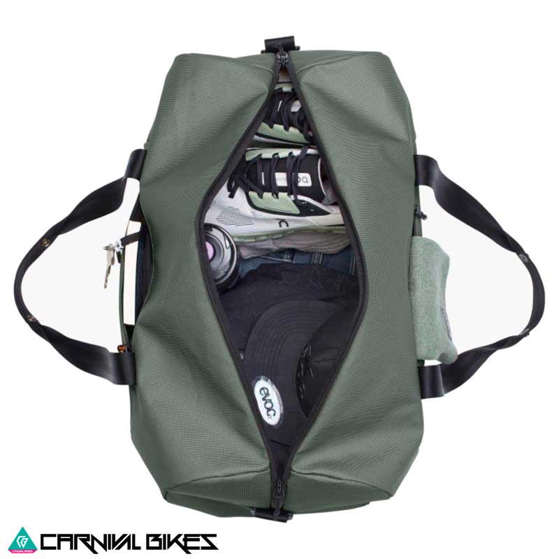 Bolso Evoc Weekender 40L Oliva Oscuro Negro Abierto