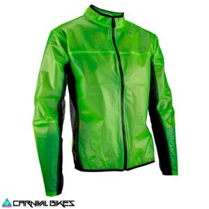Vista frontal de la chaqueta Leatt MTB RaceCover V23 en color Lime. Cortaviento impermeable y ultraligero para ciclistas exigentes