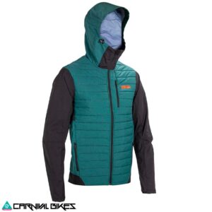 Vista frontal de la chaqueta Leatt MTB Trail 3.0 V25 en color teal. Técnica, con capucha y diseño para climas variables
