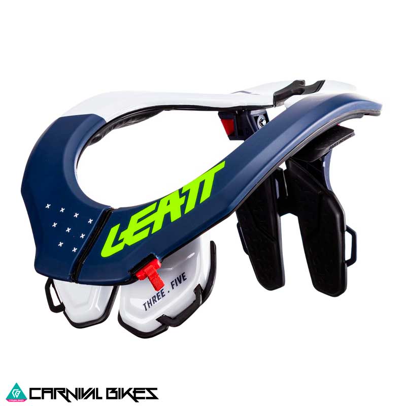 Vista frontal del cuello protector cervical Leatt 3.5 JR infantil en color azul. Seguridad para niños en motocross y enduro