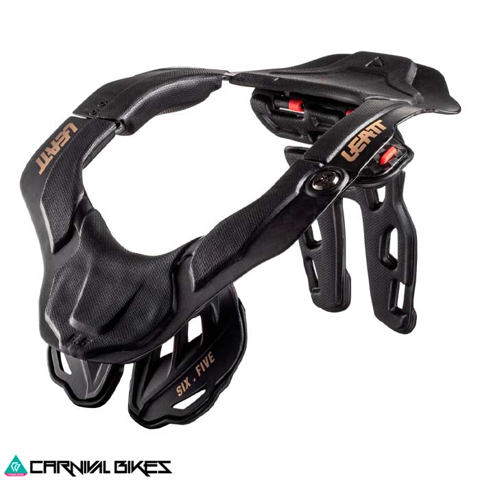 Vista frontal del protector cervical Leatt Moto 6.5 en color negro. Protección premium para cuello en motocross y enduro