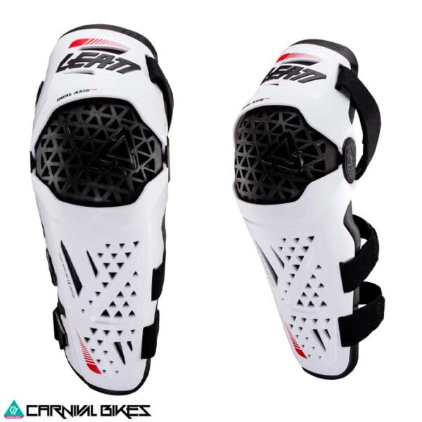 Vista combinada frontal y lateral de las rodilleras Leatt Moto Dual Axis Pro blancas. Diseño articulado, protección avanzada y gran cobertura para motocross y enduro