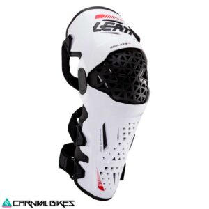 Vista frontal de las rodilleras Leatt Moto Dual Axis Pro en color blanco. Protección articulada para motocross y enduro