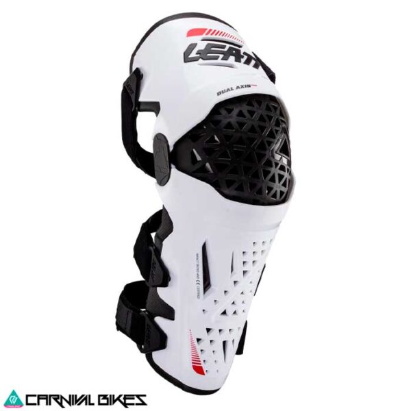 Vista frontal de las rodilleras Leatt Moto Dual Axis Pro en color blanco. Protección articulada para motocross y enduro