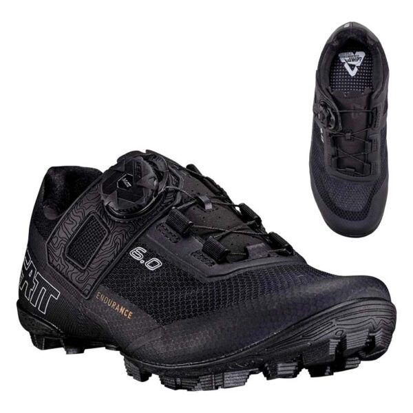 Vista desde arriba de las zapatillas Leatt Endurance PRO 6 para mujer. Diseño anatómico y respirable para ciclismo de alto rendimiento.