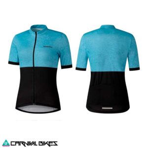 Vista frontal y trasera del jersey Shimano Element manga corta para mujer en color pervinca, ideal para ciclismo en Chile
